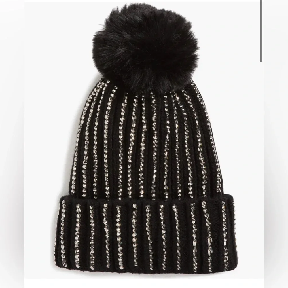 NWT Natasha Couture Black & Silver Embellished Beanie winter snow ski fashion